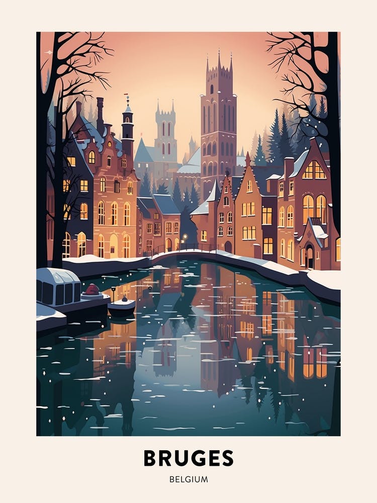 Winter Night  Travel Poster Bruges Belgium 3