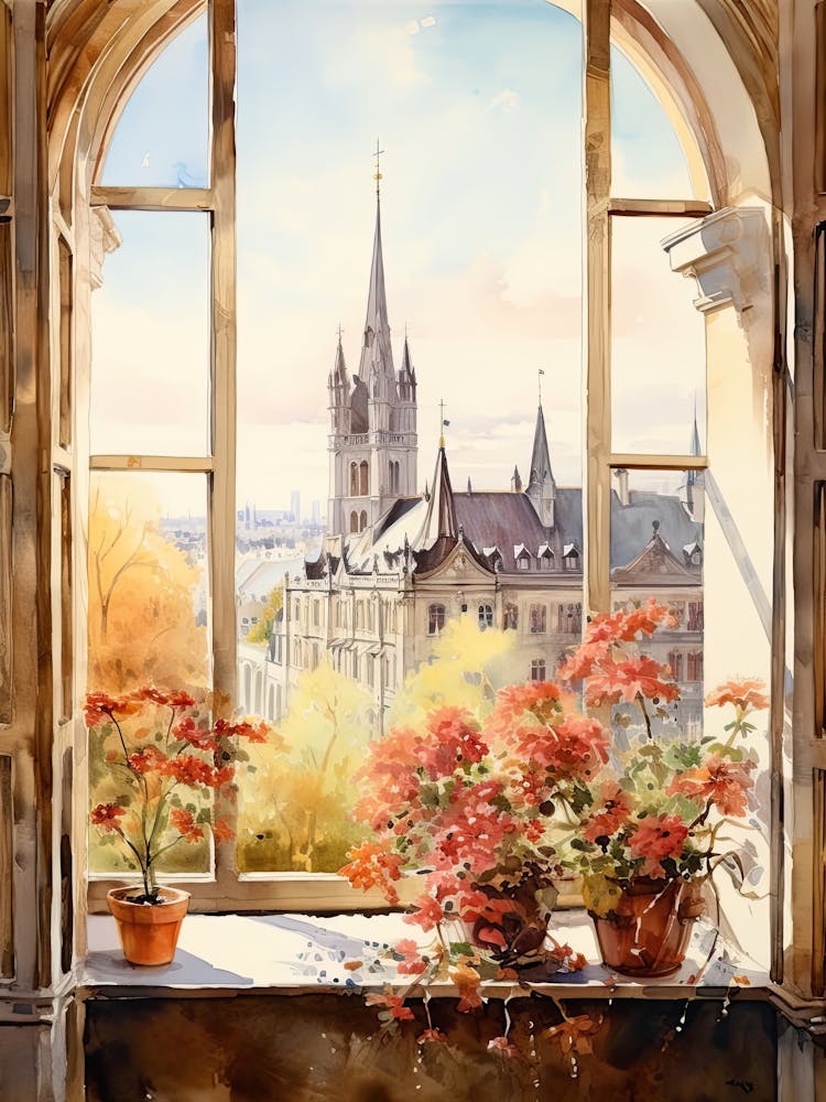 Window View Of Munich Germany In Autumn Fall, Watercolour 3