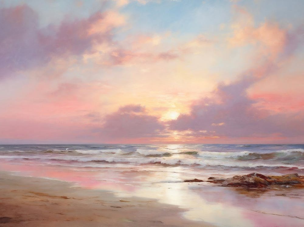 Vintage Küsten-Sonnenuntergangs-Landschaftsgemälde, Gedämpfte Strand Wandkunst zum Ausdrucken, Rustikaler Küstendruck, Bauernhaus Dekor, Natur Kunst zum Ausdrucken