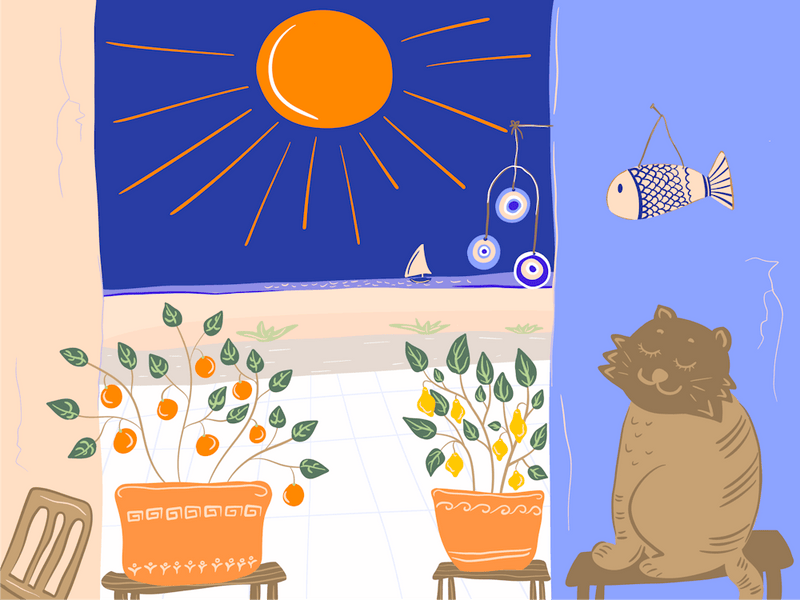 Greek Cat On The Patio with Sea View on a Sunny Day Loose Doodle Painting