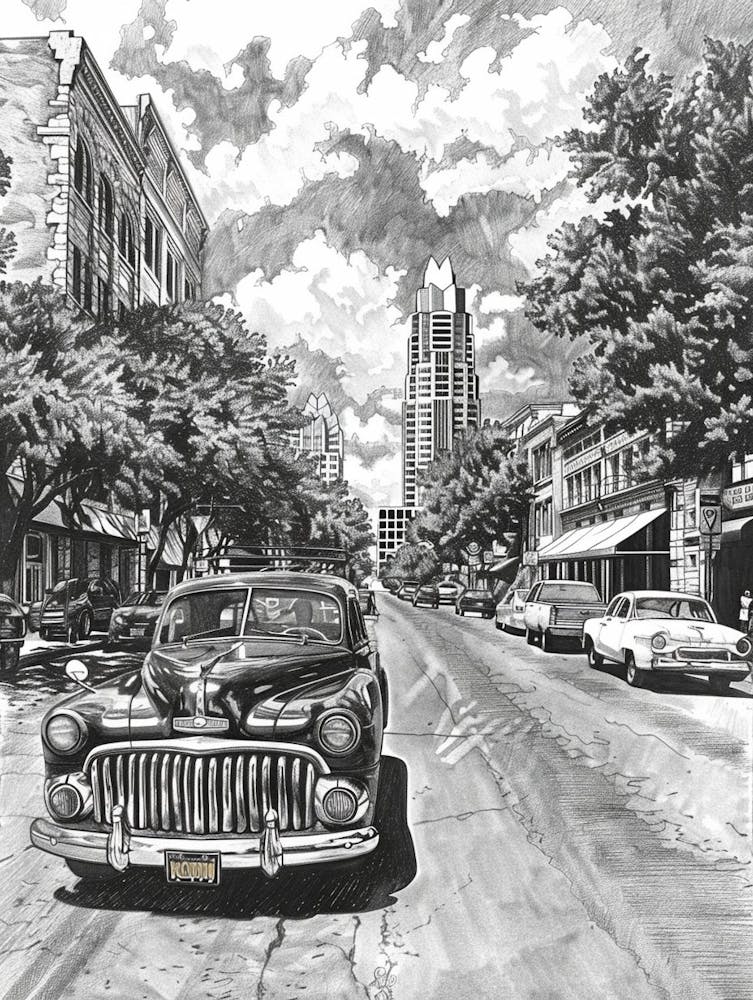 Sixth Street Austin Texas Black And White Drawing 2