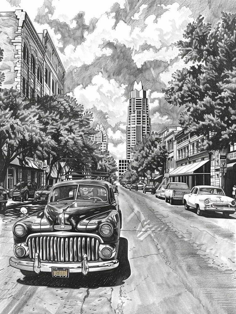 Sixth Street Austin Texas Black And White Drawing 2
