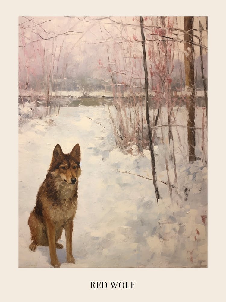 Vintage Winter Animal Painting Poster Red Wolf 3