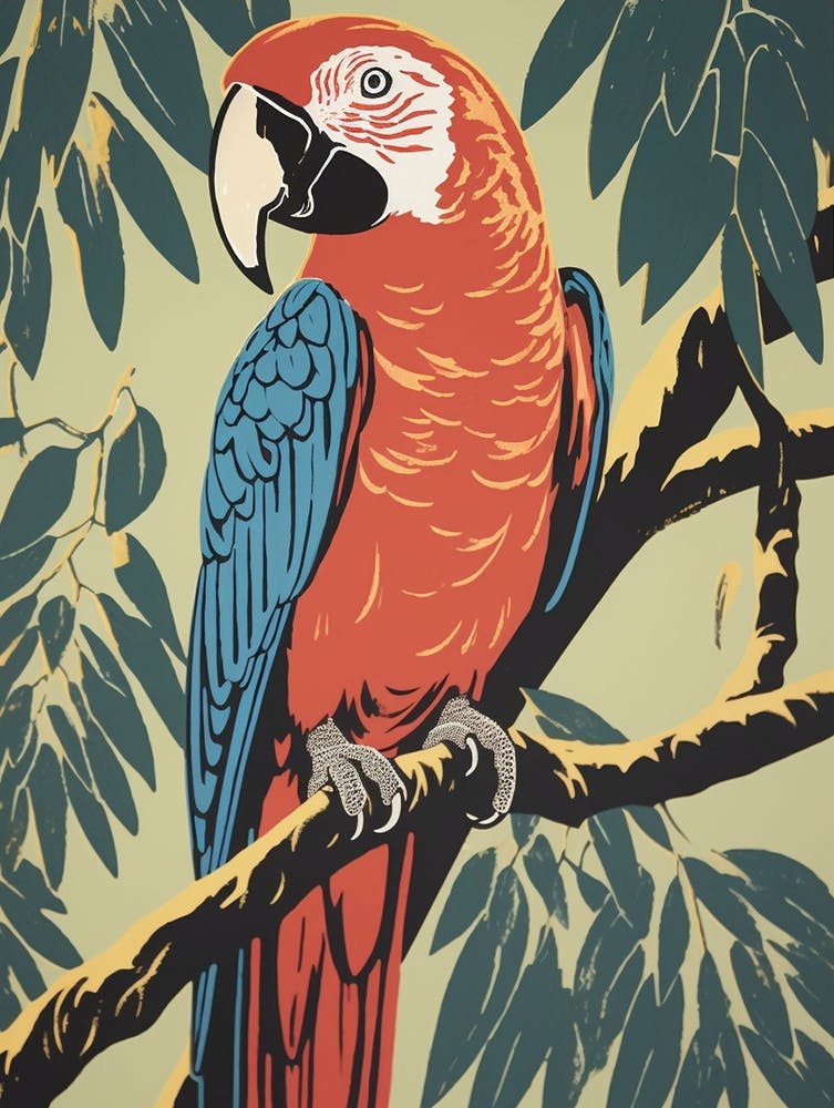 Vintage Bird Linocut Macaw 3