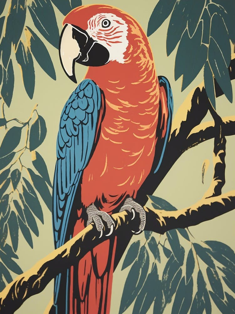 Vintage Bird Linocut Macaw 3