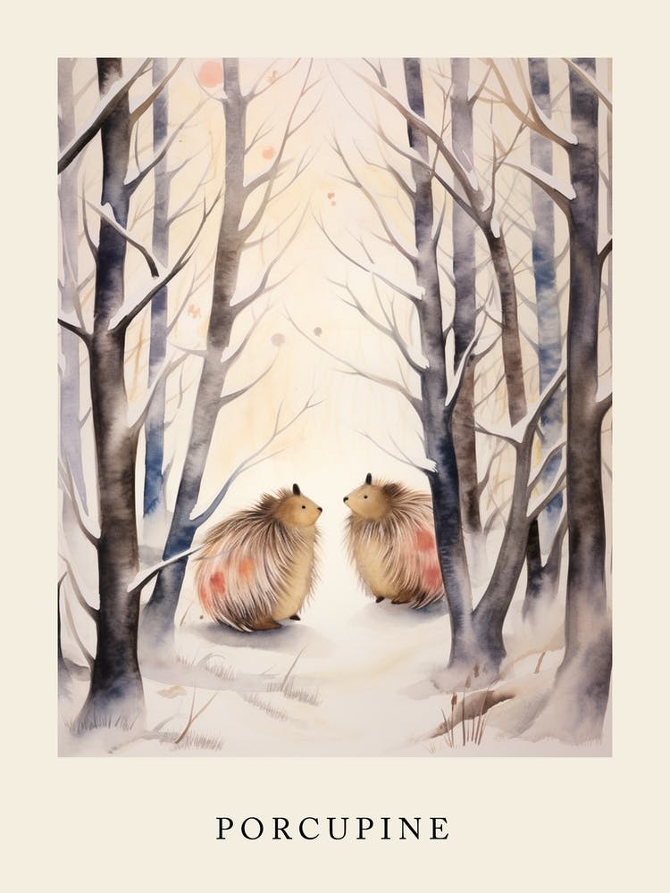 Winter Watercolour Porcupine 1 Poster