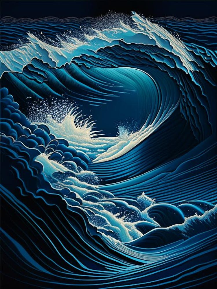 Rushing Water In Deep Blue Sea Water Waterscape – Retro-Illustration 1