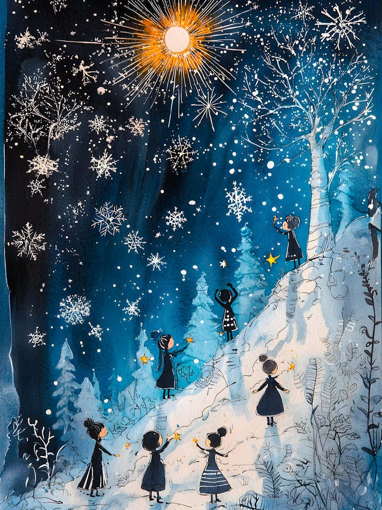 Magical Winter Night Art – Starry Sky & Snowy Forest Illustration