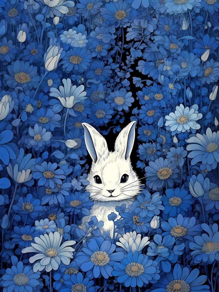 Rabbit In Blue Flowers