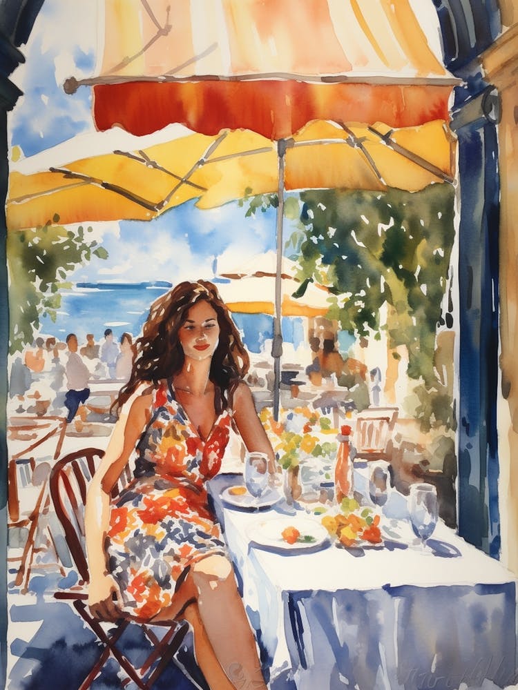 At A Cafe In Saint Tropez France Watercolour