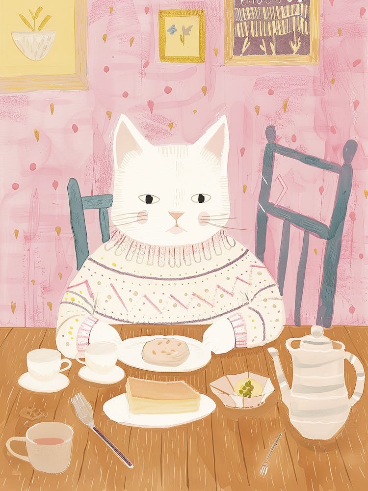 White Cat Having Breakfast Folk Illustration 1