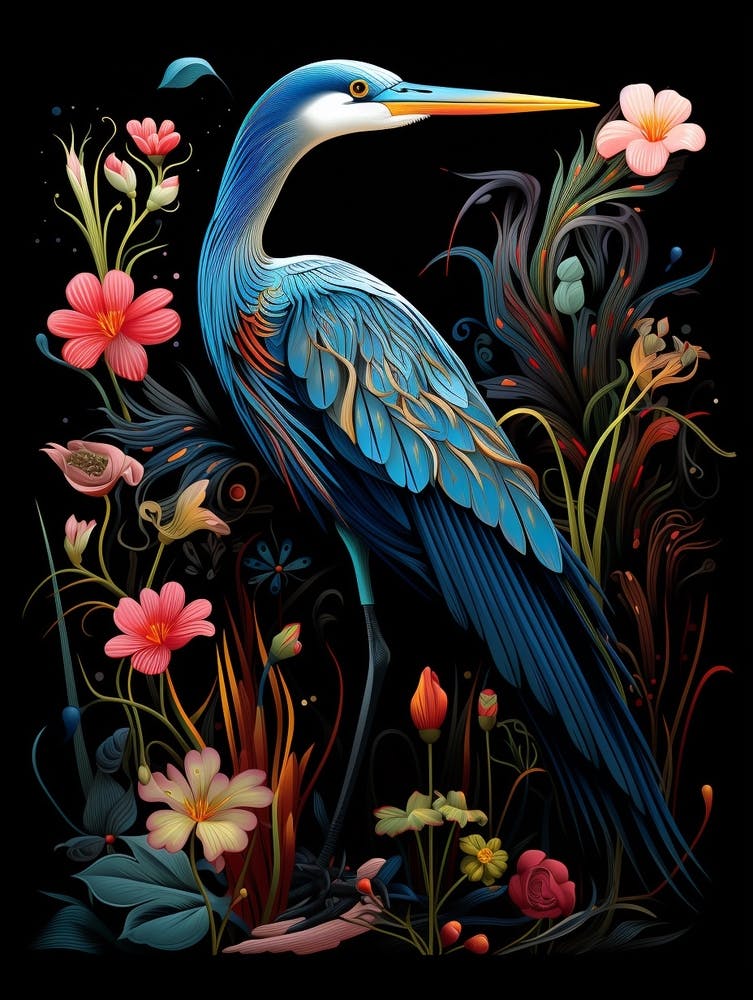 Folk Bird Illustration Great Blue Heron 3