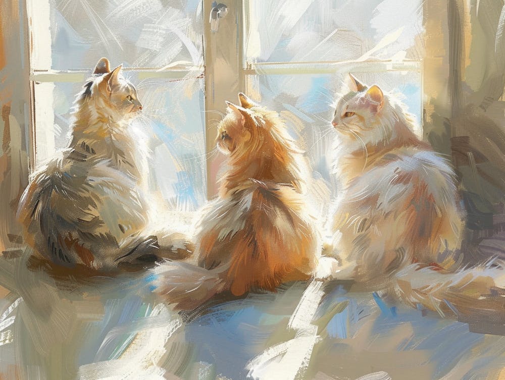 Three Long Haired Cats Drawn In Anna Ancher S Style With Gentle And Bright Sunlight Shining Through Windows