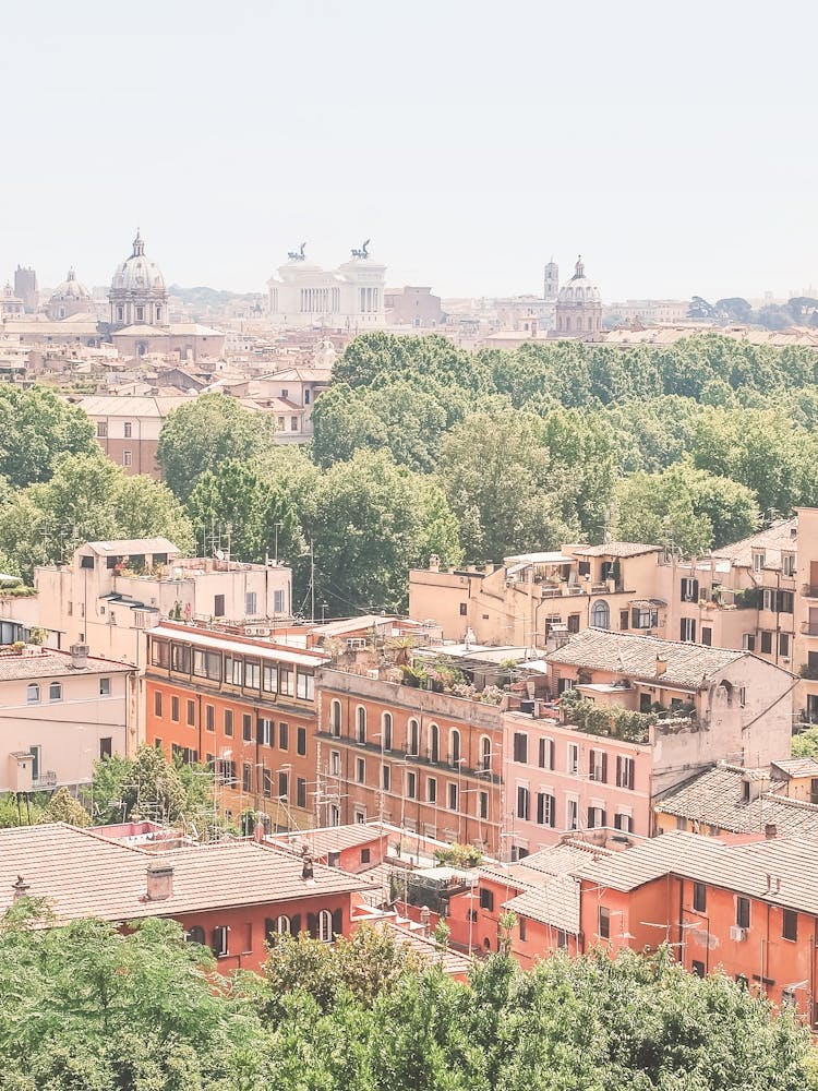 Rom, Italien I Panoramablick von Trastevere über die Skyline Roms mit authentischer Mischung aus historischer Architekturfotografie und üppigem Grün im sanften Pastelllicht des italienischen Sommers la dolce vita