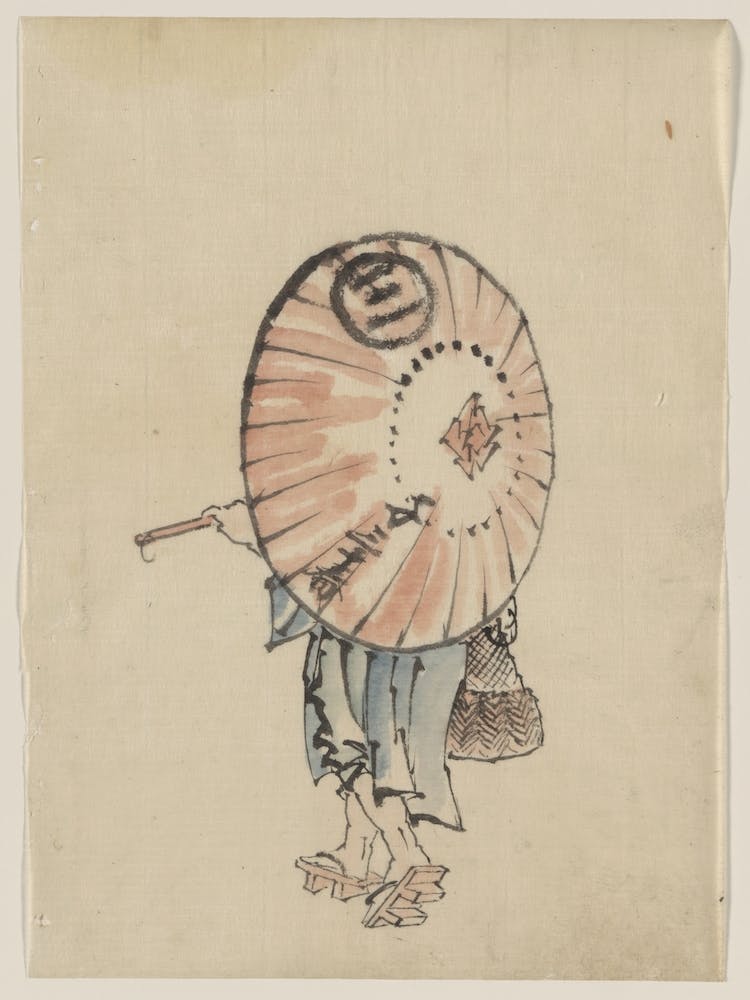 A Person Walking To The Left, Mostly Obscured By An Open Parasol , Katsushika Hokusai