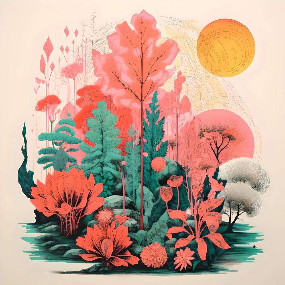 Risograph Style Nature Scene, Vibrant Trippy Candy Colours