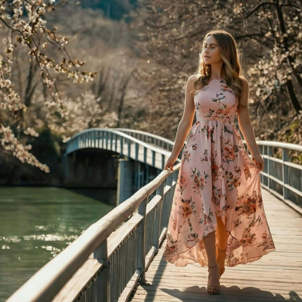 Beautiful Girl Walking On A Bridge