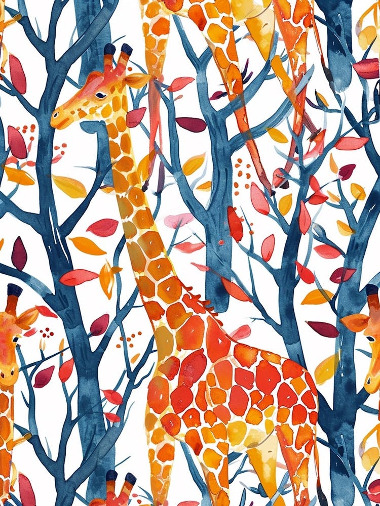 Sweet Watercolour Giraffe Tree Pattern