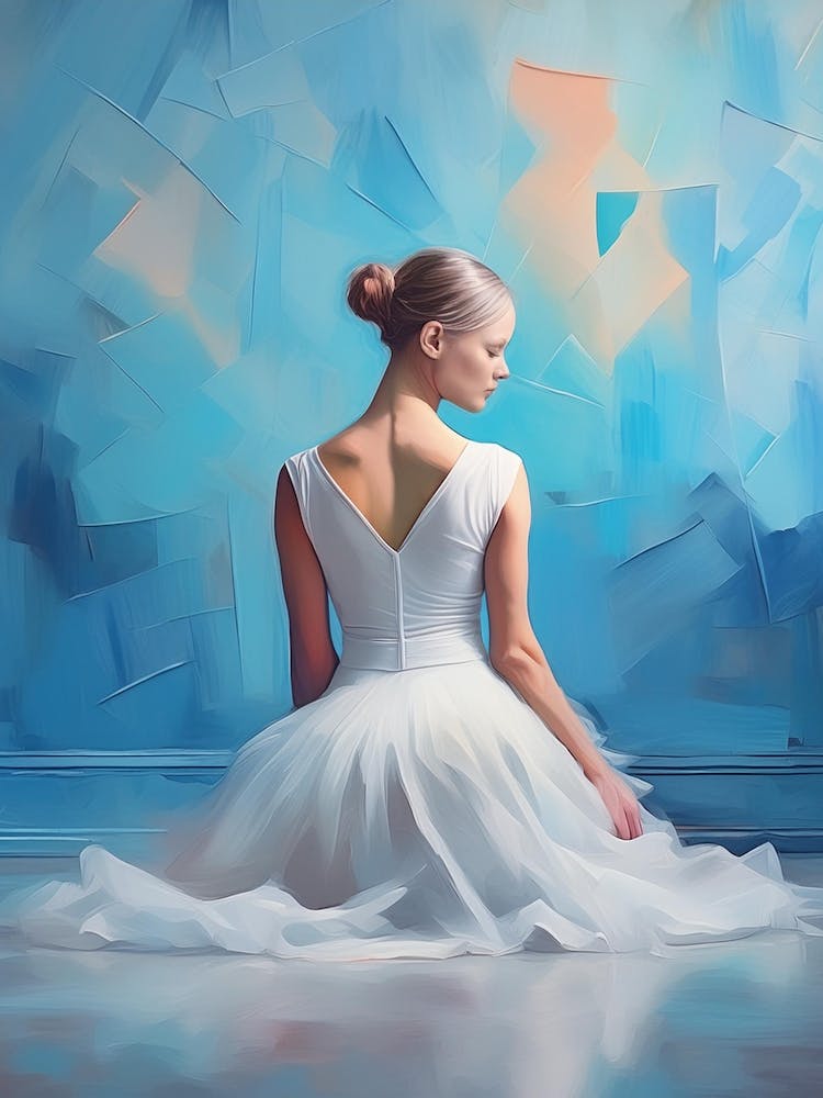 Ballerina With A White Dress Sitting On The Floor Posing In Front Of Blue Wall