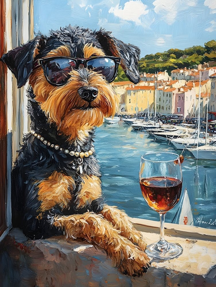 Airedale Drinking Wine At The Harbor