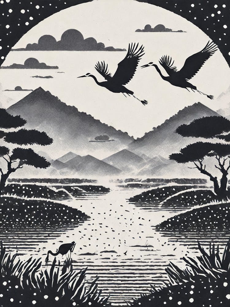 Cranes Flying Over A Misty Marshland Ukiyo-E Style