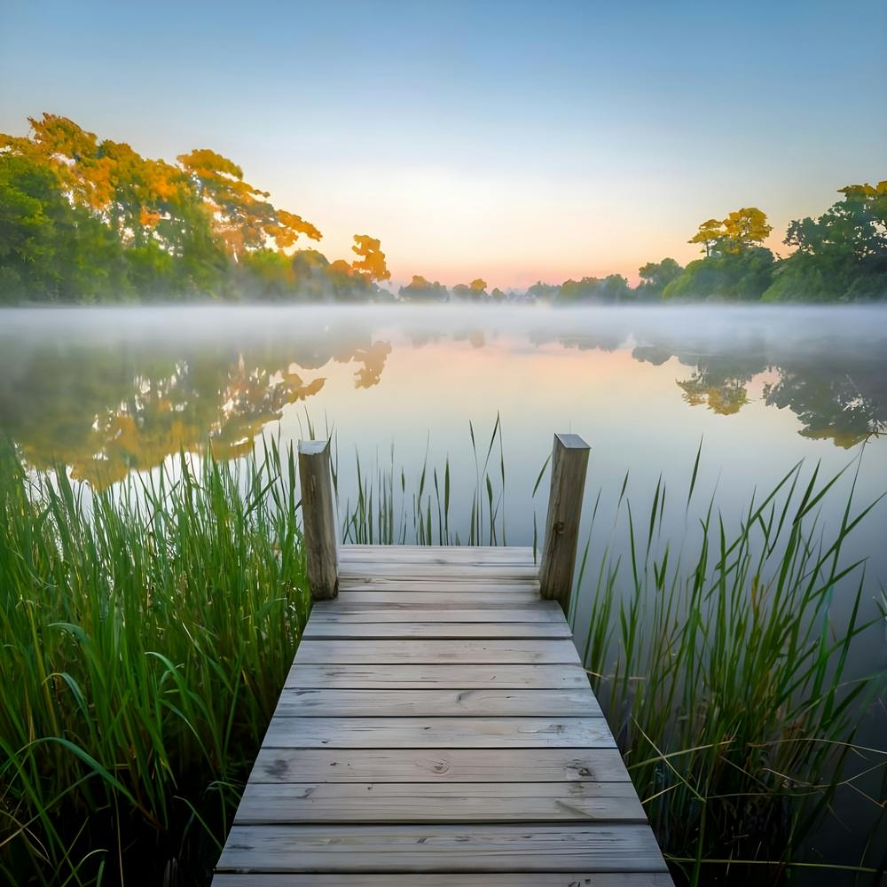 a foggy summer morning at the lake.