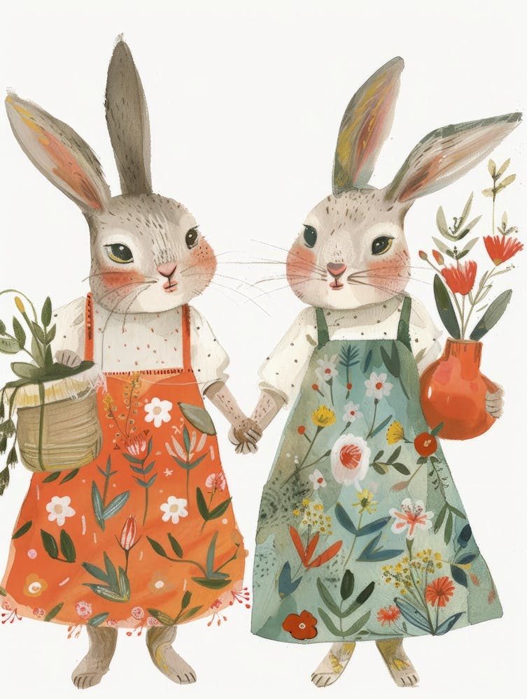 Two Rabbits Holding Flowers