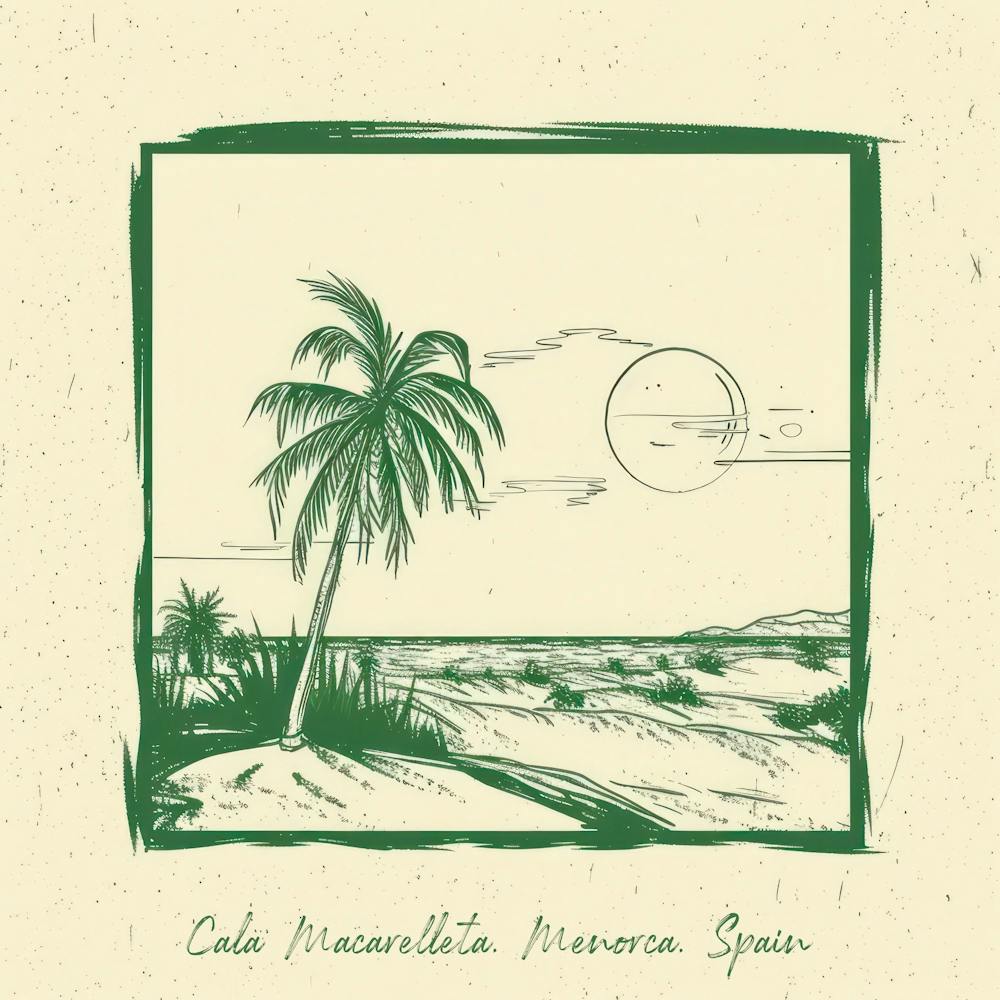 Cala Macarelleta, Menorca, Spain Green Line Art Illustration