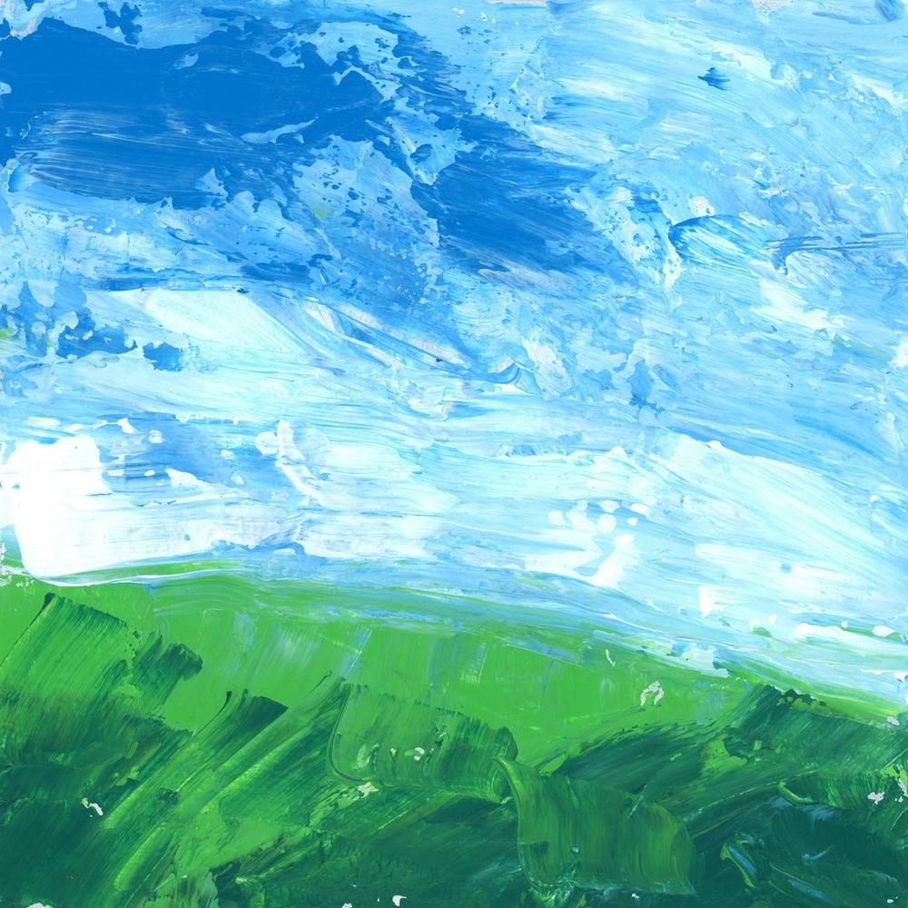 Landscape summer green blue square sky field hill meadow acrylic painting contemporary modern
