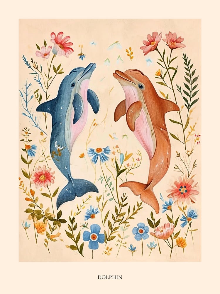 Folksy Floral Animal Drawing Dolphin Poster