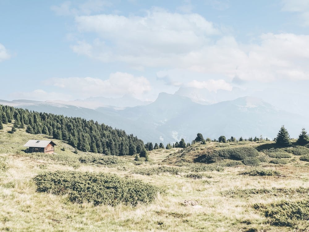 Dolomites, Italie I Chalet en bois isolé dans les montagnes de l'Alpe di Suisi avec photographie panoramique de l'horizon entre forêts de sapins, paysages naturels et plaines vertes dans un cadre de décor de ferme alpine