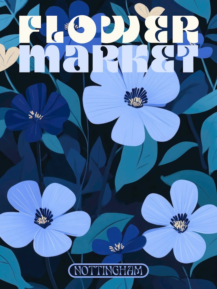 Nottingham city print flower market poster in dark blues, retro aesthetic floral illustration with 70s style typography, vintage travel prints perfect for eclectic living rooms, bedrooms, kitchens, entryways