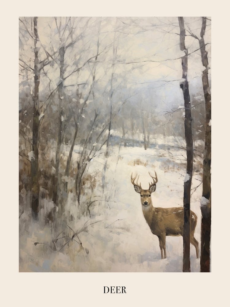 Vintage Winter Animal Painting Poster Deer 3