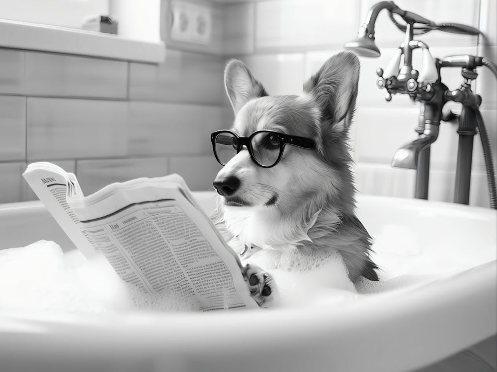 Corgi In Bathtub Wall Art, Dog Reading Newspaper In Bubble Bath Poster, Black And White Print, Funny Wall Art, Bathroom Wall Decor
