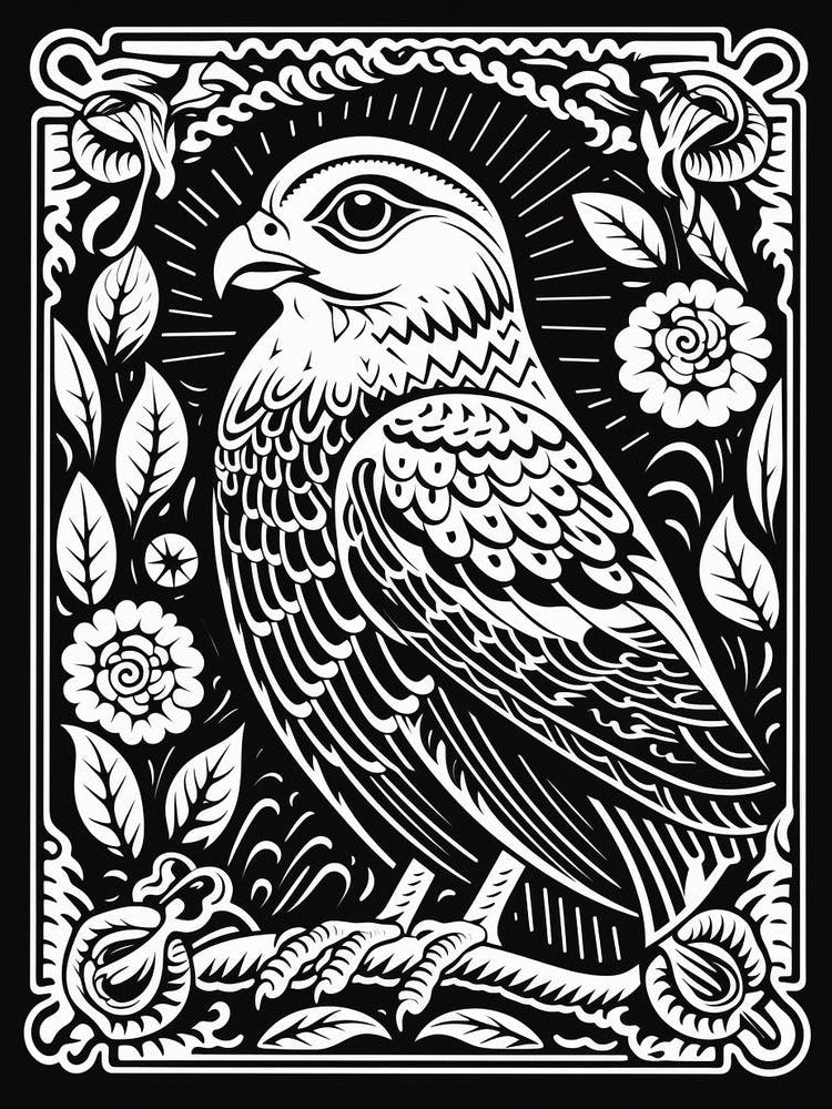 B&W Bird Linocut Falcon 1