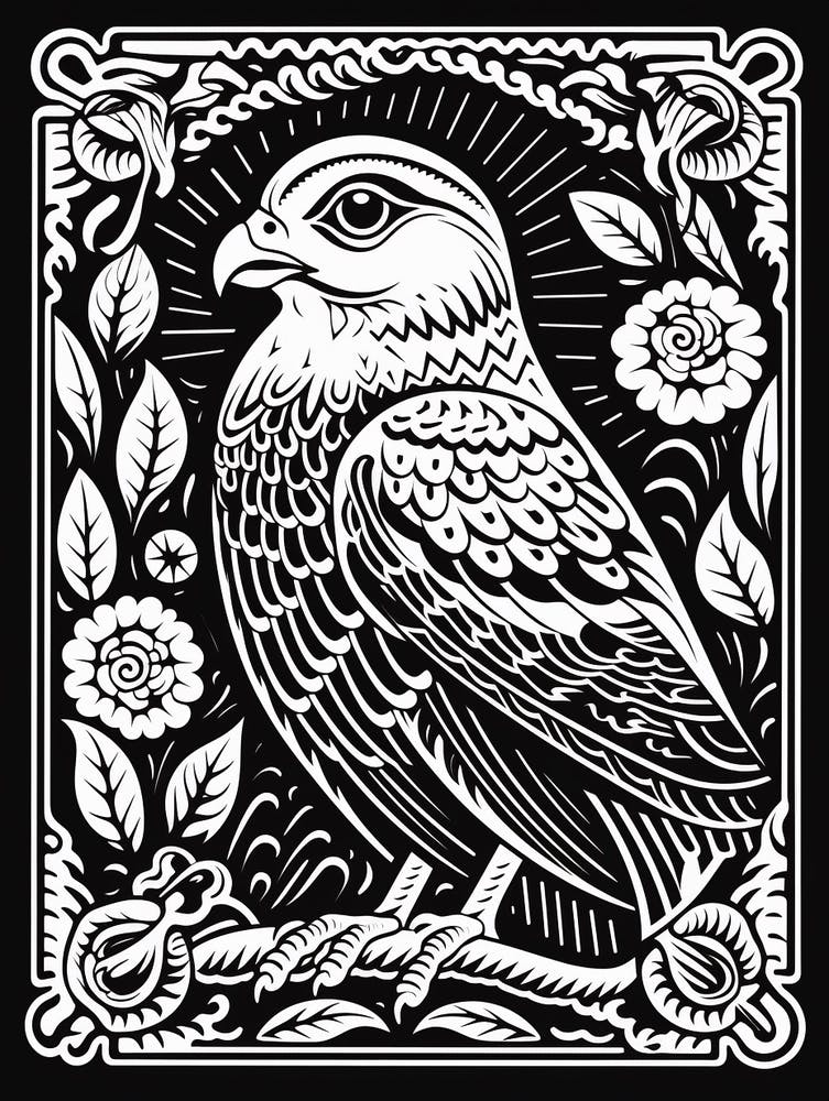 B&W Bird Linocut Falcon 1