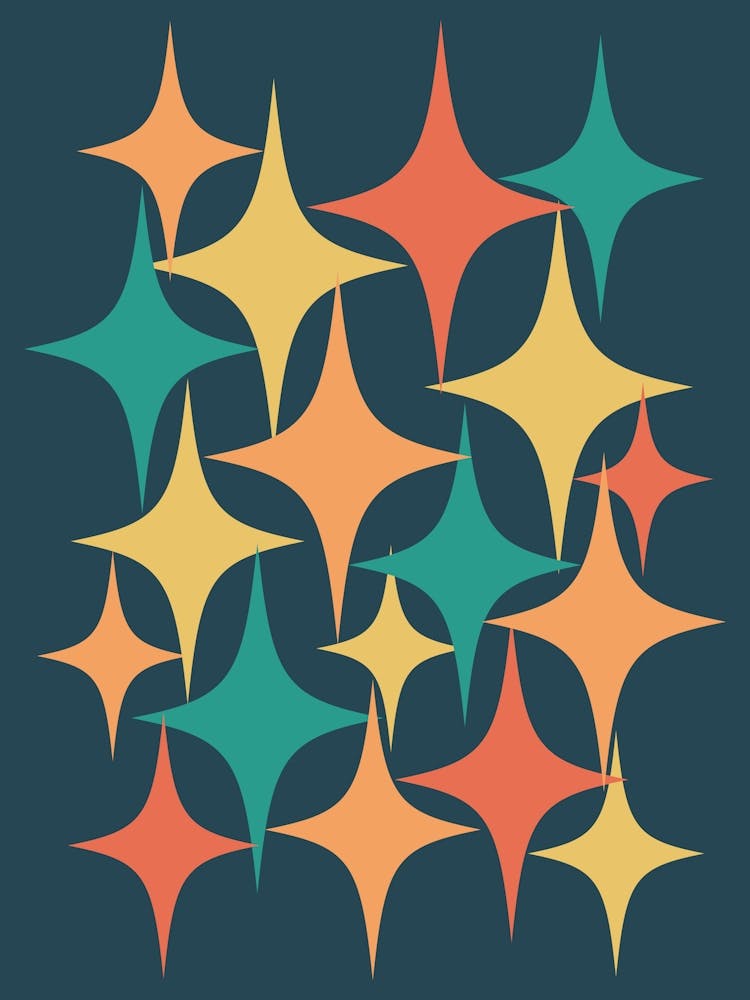 Mid Century Modern Atomic Starburst Charcoal, Yellow, Orange, Teal