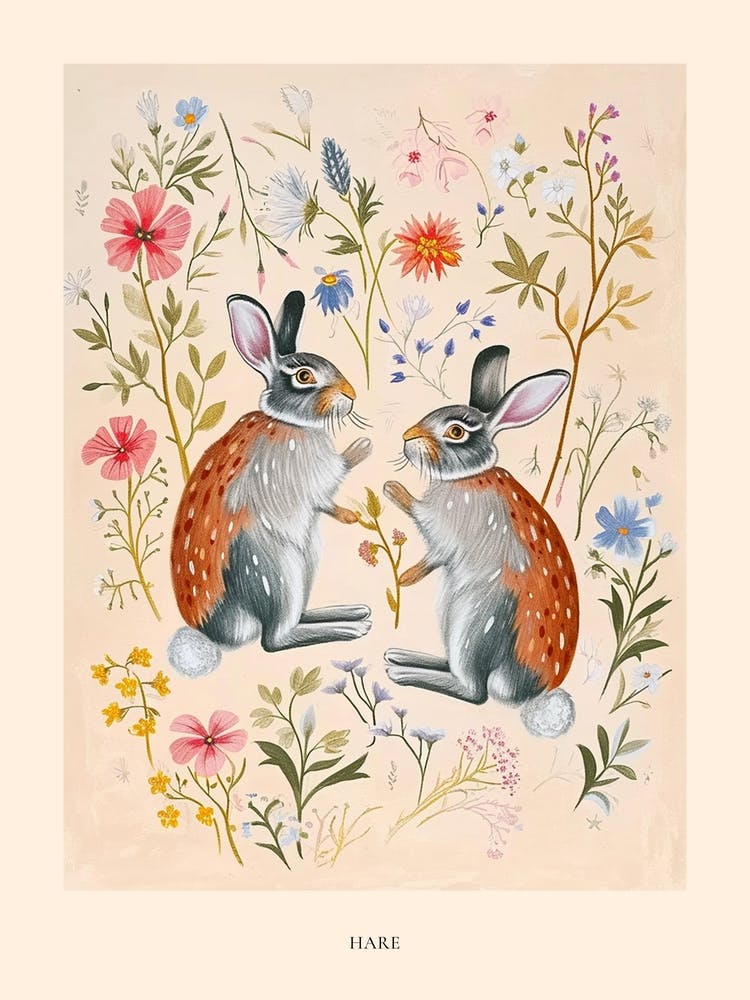 Folksy Floral Animal Drawing Hare Poster