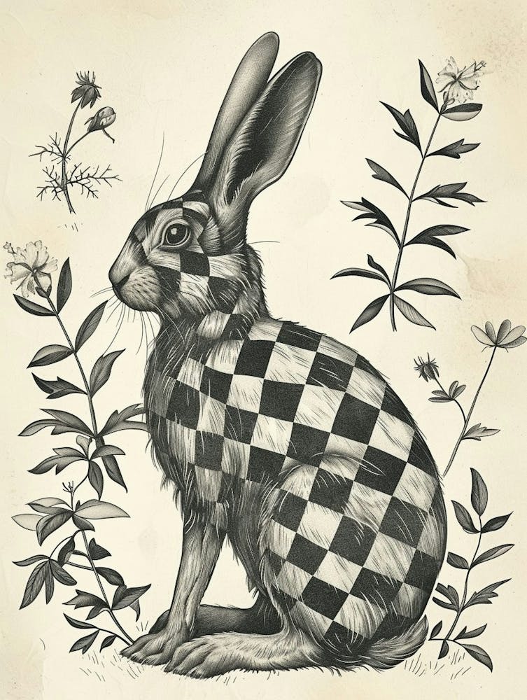Checkered Giant Blockprint Rabbit Illustration 2