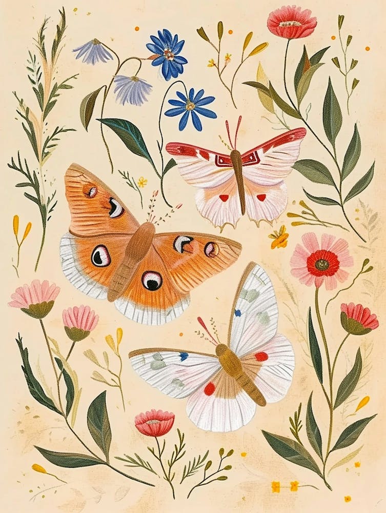 Folkloristische Blumen-Tierzeichnung Schmetterling 1