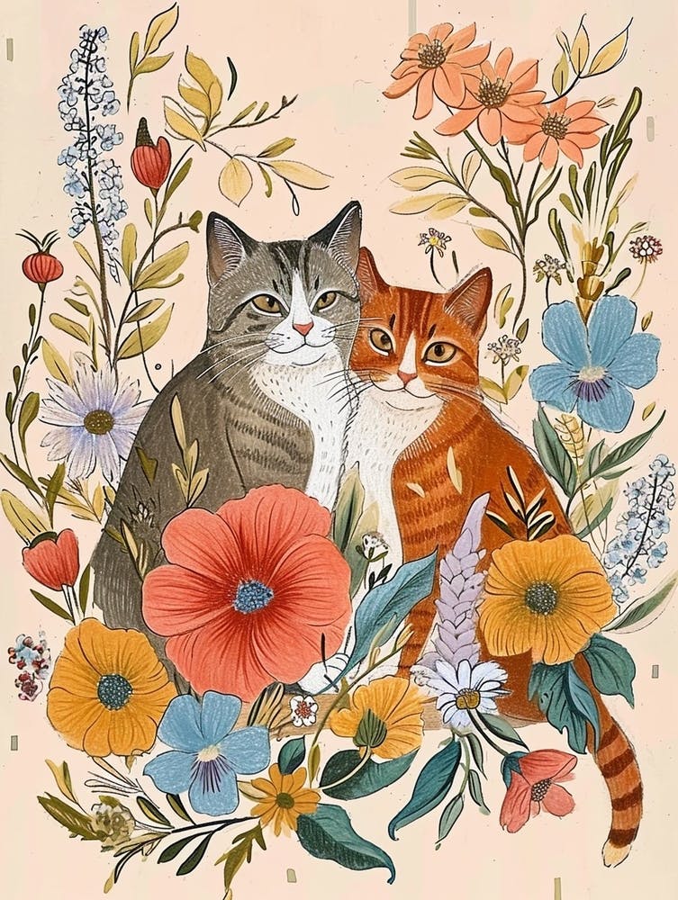 Folksy Floral Animal Drawing Cat 2