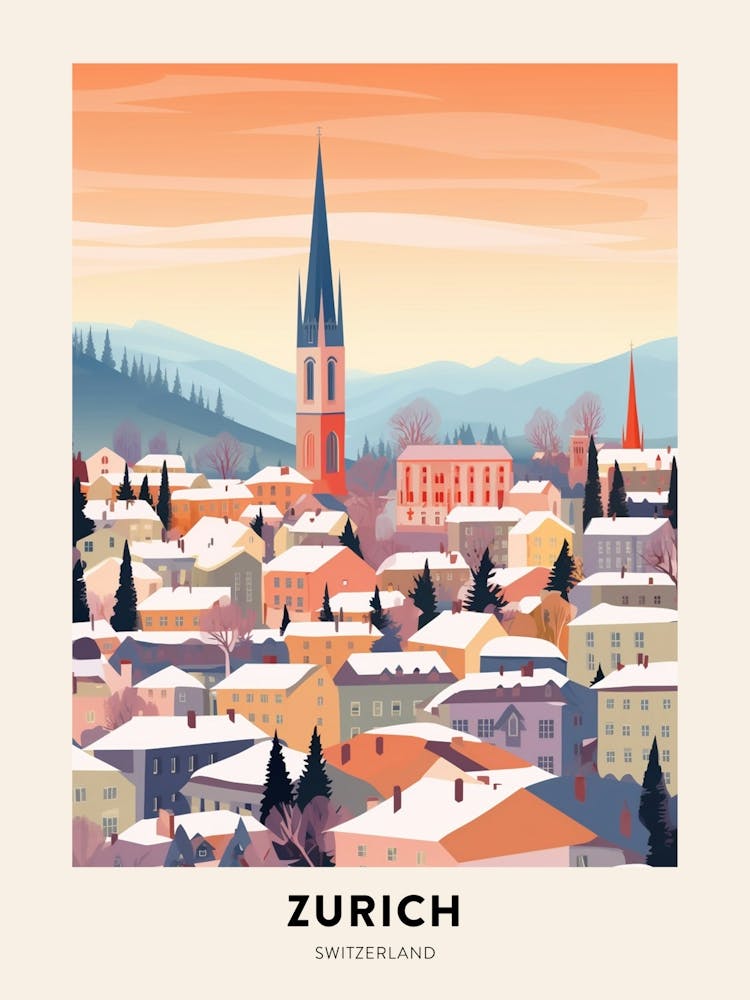 Vintage Winter Travel Poster Zurich Switzerland 1