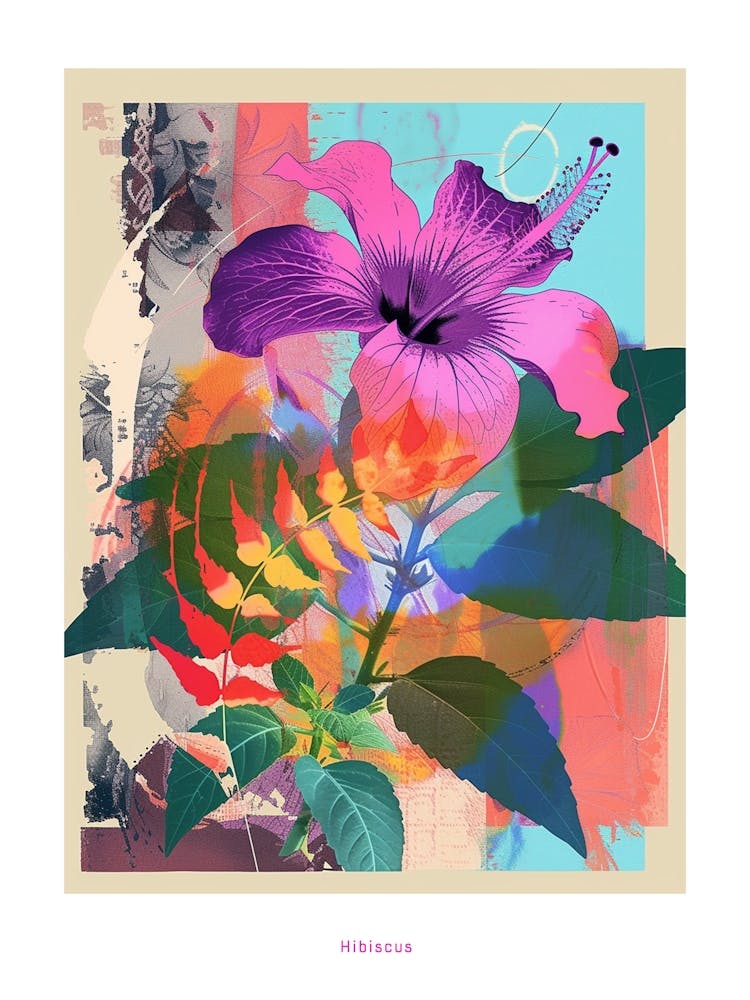 Hibiscus 2 Neon Flower Collage Poster