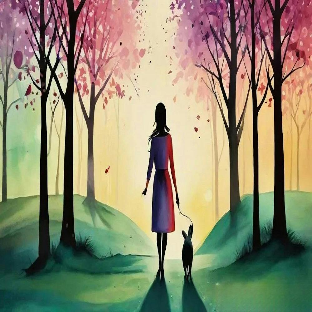 Woman Walking Dog In The Forest