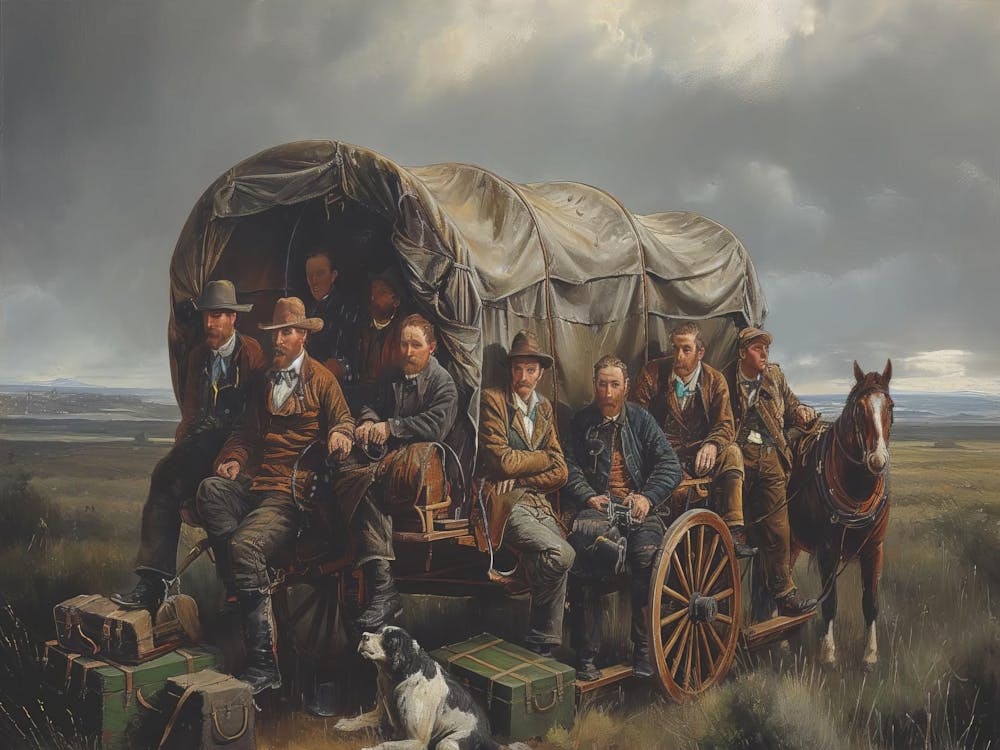 Pioneers And Settlers Painting, Matte Stretched Wall Decor, Western Theme, Historical Artwork, American History, Vintage Home, Canvas Art