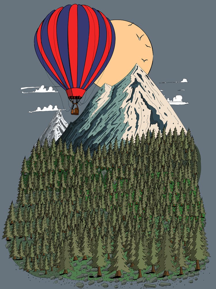Hot Air Balloon Over Mountains