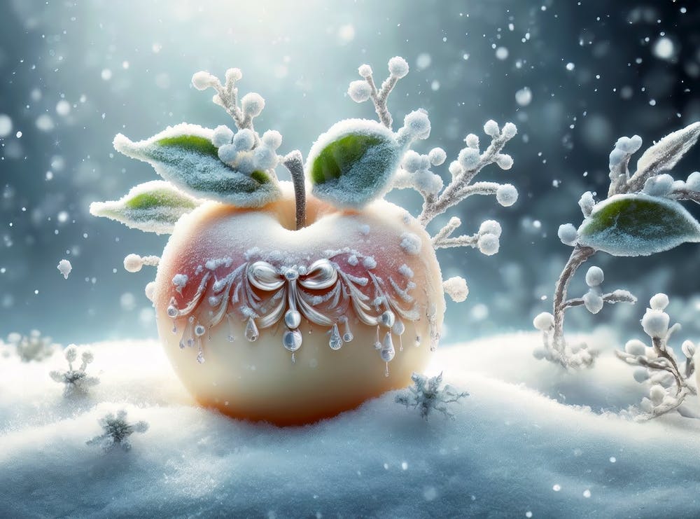 Apple decorated in elegance style covered with white snow, winter theme