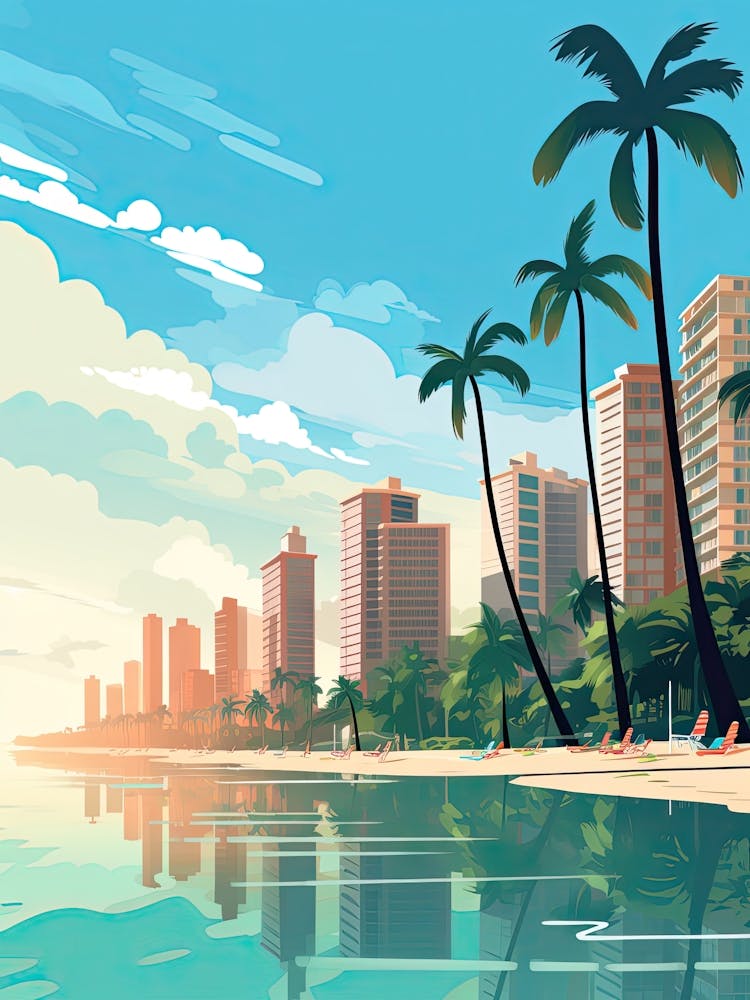 Waikiki Beach Hawaii, USA, Flache Illustration 1