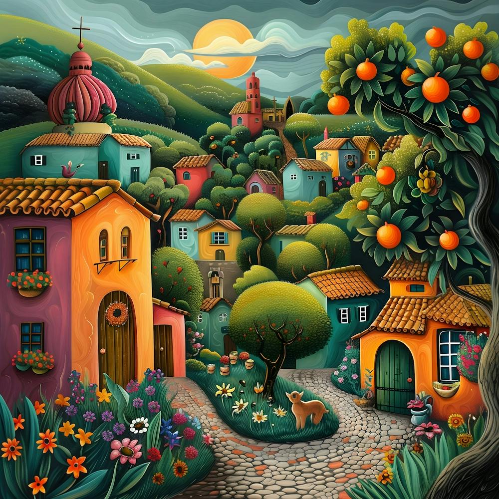 Mediterranean Village, Naive, Whimsical, Folk 1
