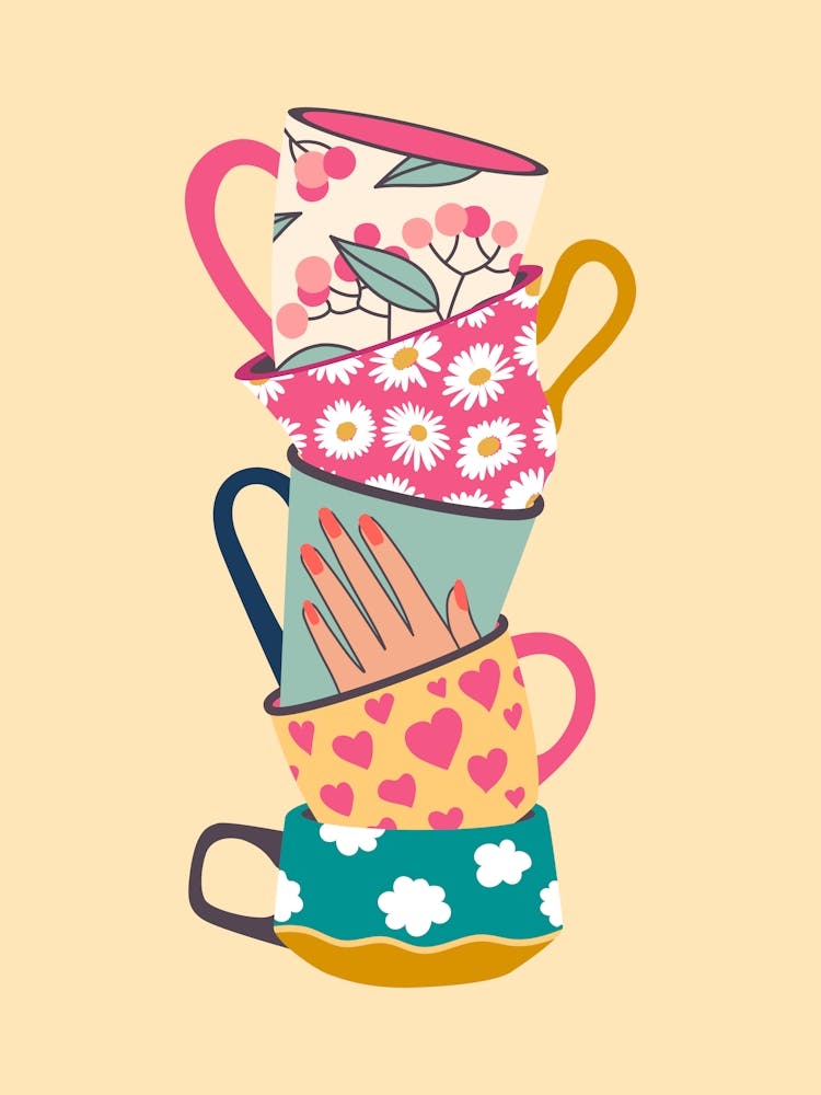 Yellow Floral Stacked Teacups Kitchen